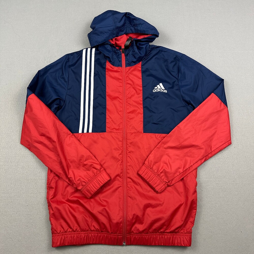adidas Track Jacket Men Small Red Navy Colorblock Hood Windbreaker Full Zip S